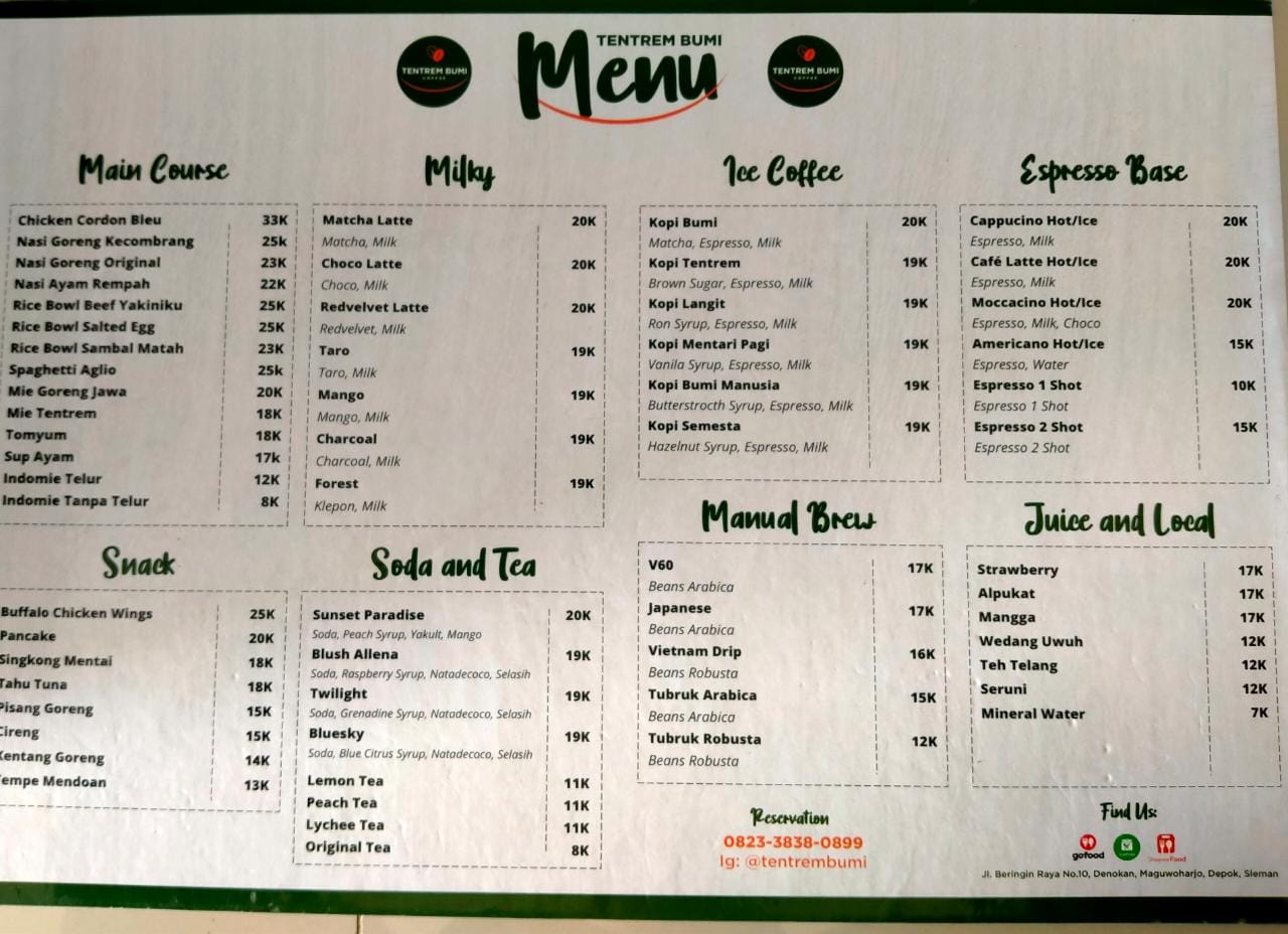 Menu Makanan di Tentrem Bumi Coffee & Eatery Jogja Menu Makanan di Tentrem Bumi Coffee & Eatery Jogja